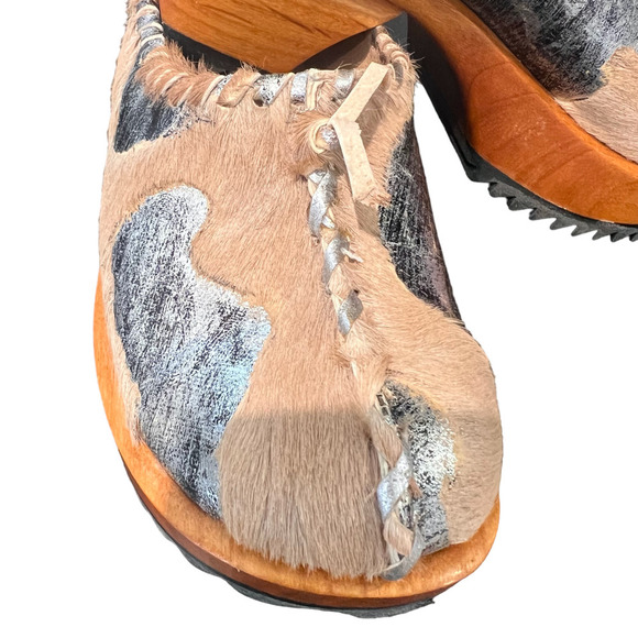 Jim Barnier Wooden Heel Clog Platform Sandals Mustang Silver Leather Size 6 New - Picture 3 of 7